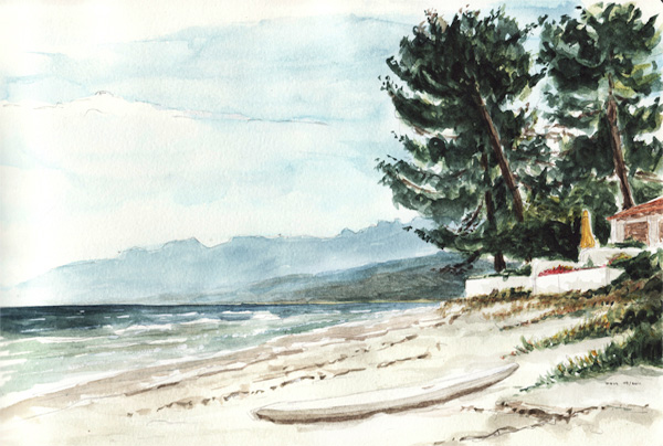 Aquarelle d'une plage Corse